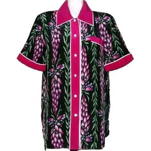 Vintage 90s Bob Mackie Black Silk Button Down Shirt Purple Flower S Hawaiian